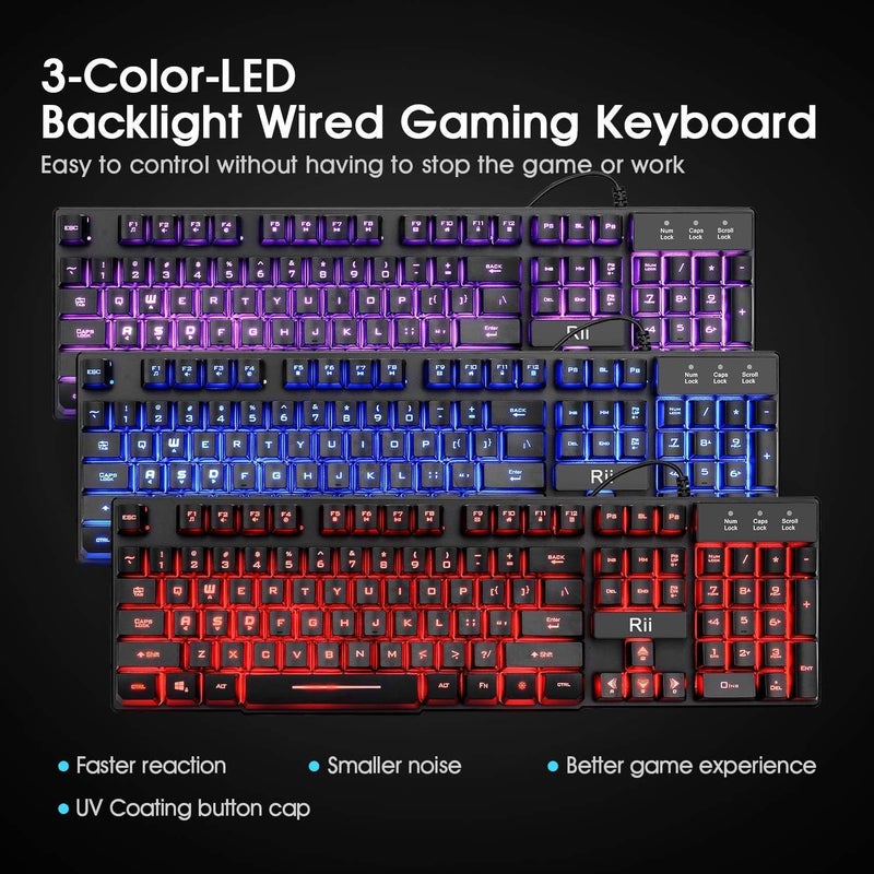RII RK100 3 Colors LED Backlit Mechanical Feeling USB Wired Multimedia Gaming Keyboard, Office Keyboard for Working or Primer Gaming,Office Device - Image 2